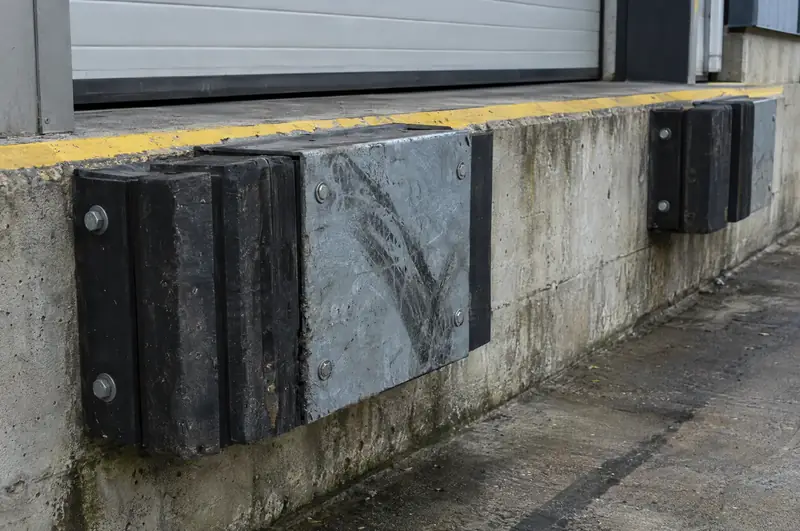 Laminated rubber and steel-faced dock bumpers on a concrete loading dock