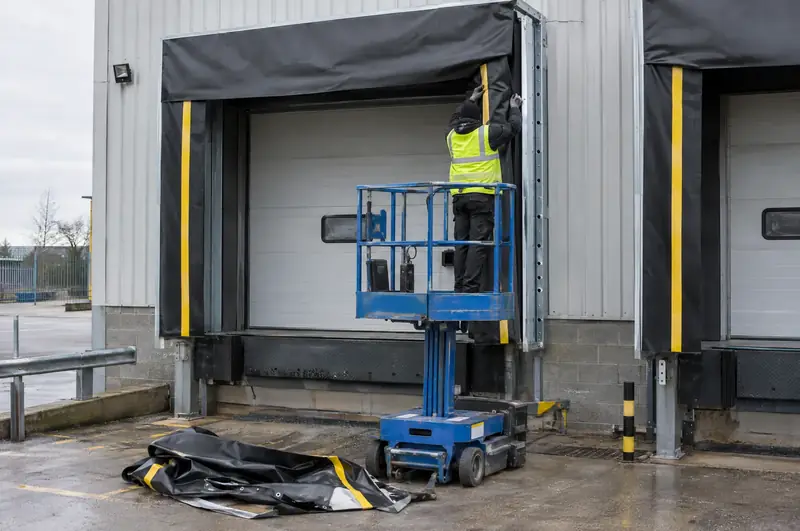 Installer on an access platform fitting a new dock shelter curtain