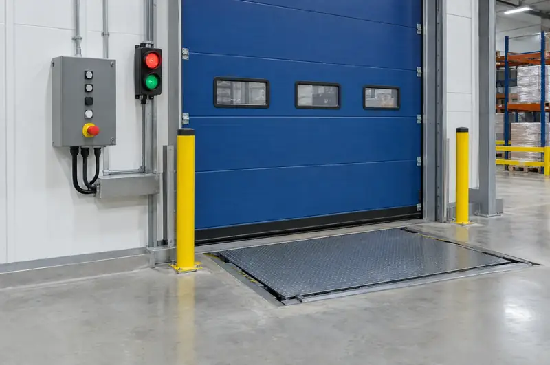 Dock control panel and red and green traffic light beside a closed sectional door