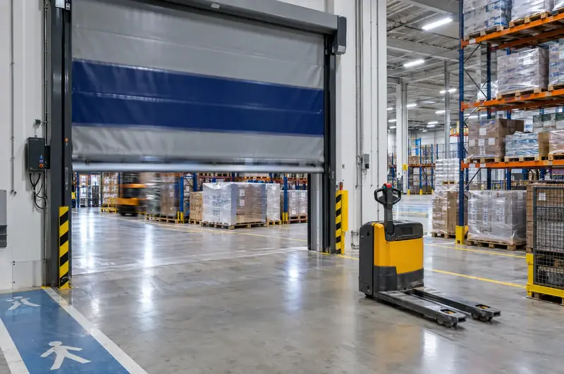 High-speed fabric door half open inside a warehouse loading area