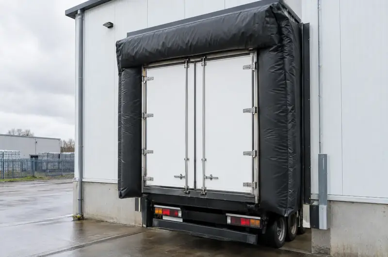 Inflatable dock shelter cushions sealed around a refrigerated trailer