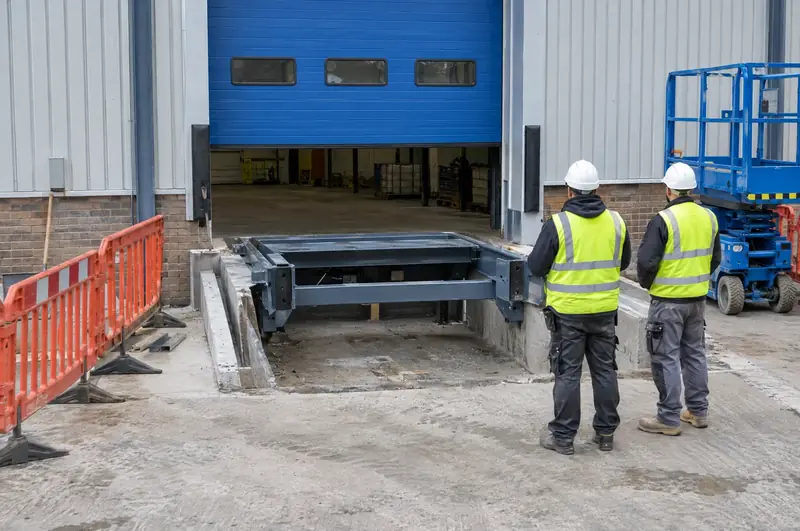 Installers forming a new dock leveller pit beneath a new sectional door