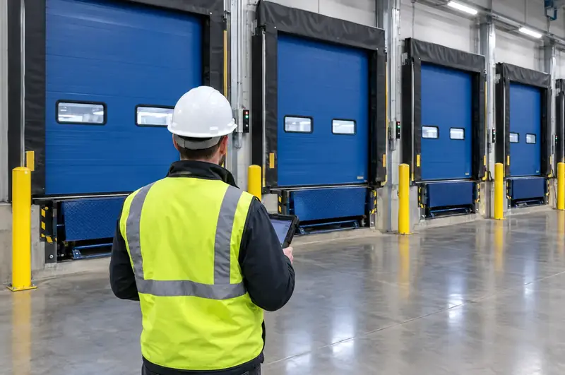 Service engineer with a tablet checking a row of sectional doors and dock levellers
