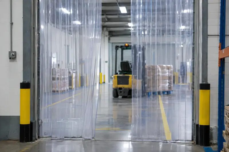 Clear PVC strip curtains in a warehouse doorway with a forklift beyond