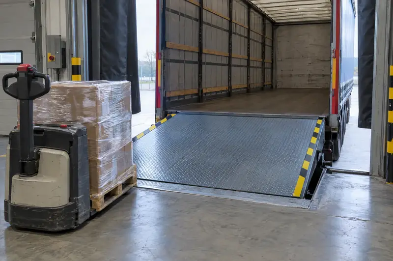 Hydraulic swing-lip dock leveller bridging into the back of a trailer